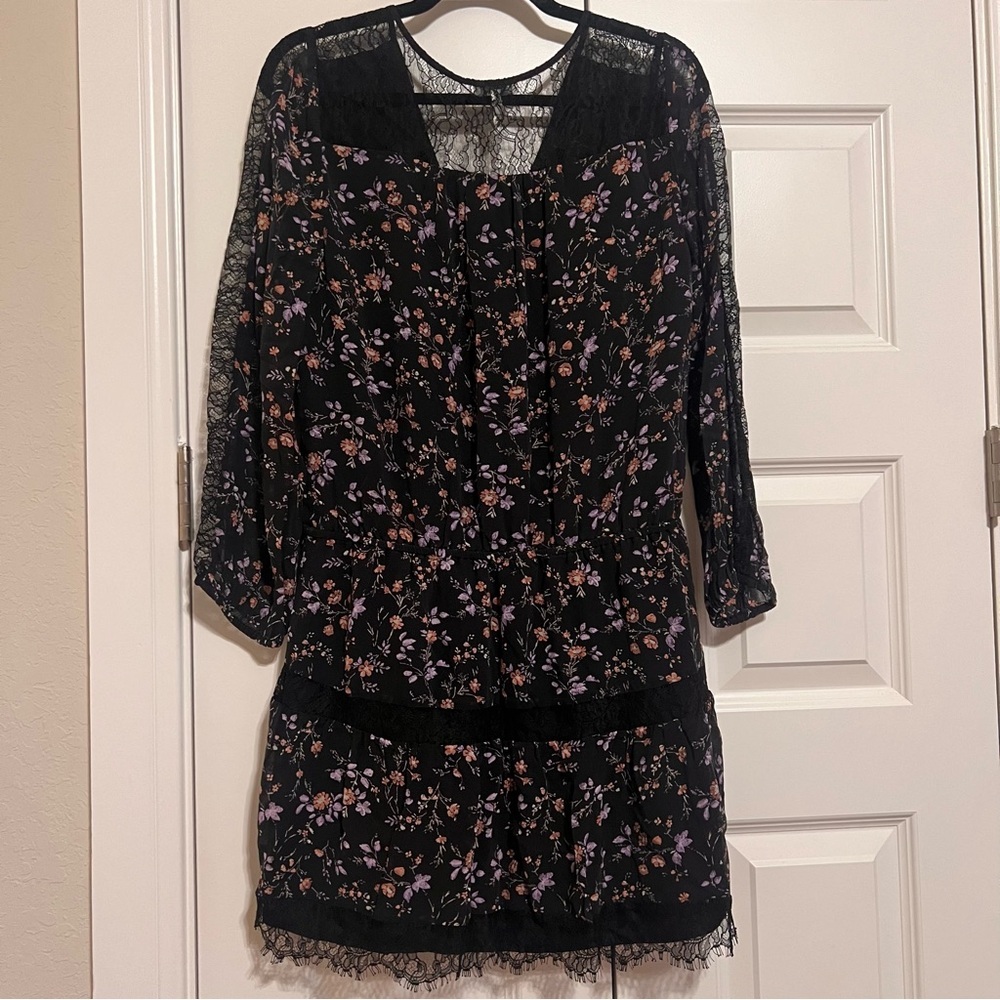 Joie Black Silk Dress with Pink and Purple Floral and Lace - Picture 8 of 11